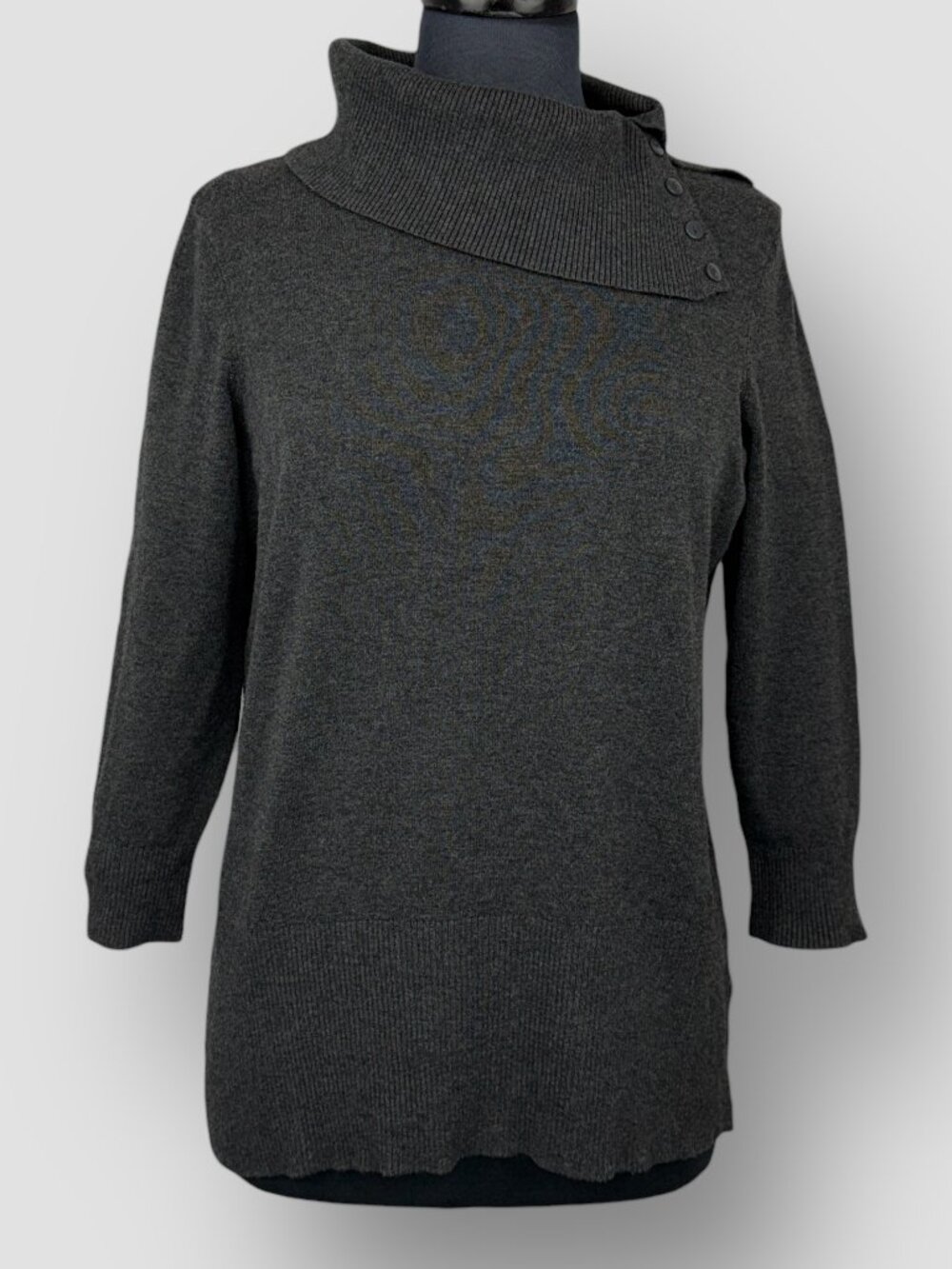 Cleo Asymmetrical Cowl‎ Neck Sweater M Gray Button Collar 3/4 Sleeve Knit Top